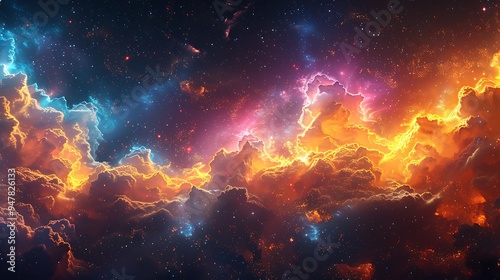 Sci-fi space station with colorful nebulas, cool background