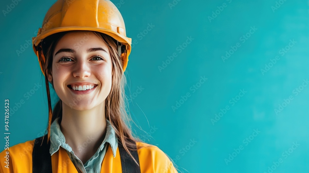 Construction Woman in Safety Gear Smiling with Copy Space on Colorful Background Construction Woman in Safety Gear Smiling with Copy Space on Colorful Background