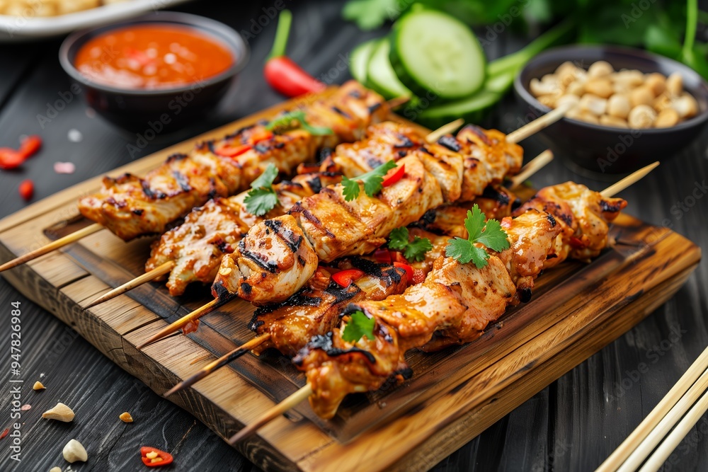 Grilled chicken skewers with vibrant chilies and fresh herbs served on a wooden platter in a cozy dining setting Grilled chicken skewers with vibrant chilies and fresh herbs served on a wooden platter in a cozy dining setting