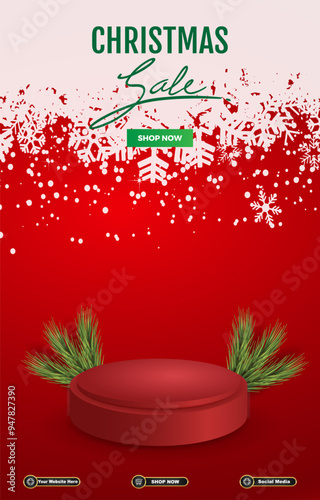 christmas sale discount portait template banner with blank space 3d podium for social media post product sale with abstract gradient red background design 13