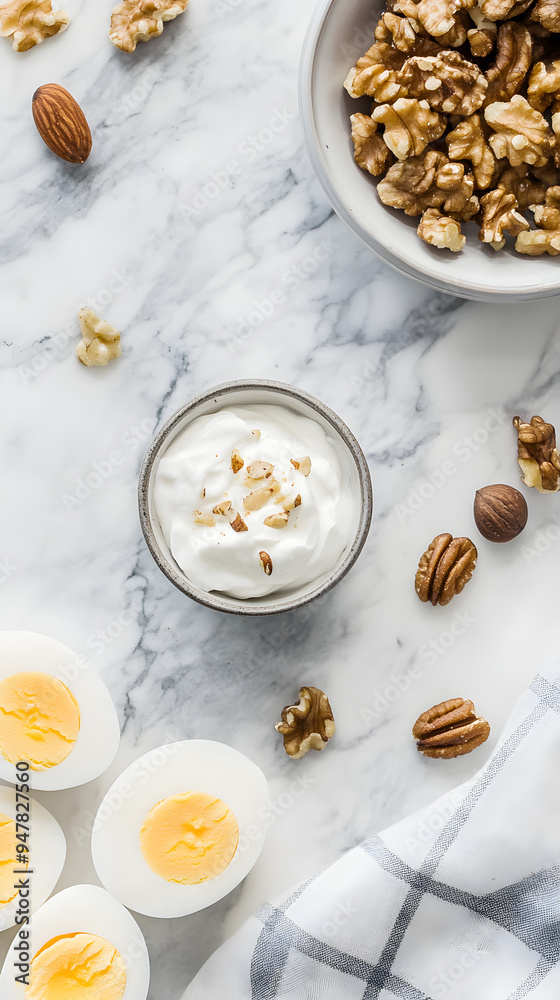 A selection of healthy snacks featuring boiled eggs, nuts, and yogurt arranged on a marble surface inviting a nutritious lifestyle A selection of healthy snacks featuring boiled eggs, nuts, and yogurt arranged on a marble surface inviting a nutritious lifestyle