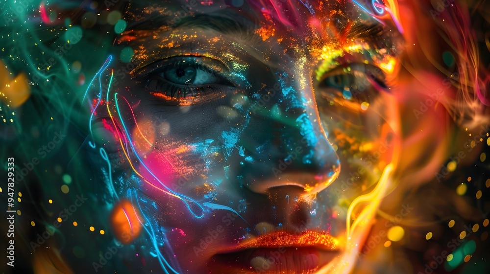 Abstract Face with Neon Lights and Glitter Abstract Face with Neon Lights and Glitter