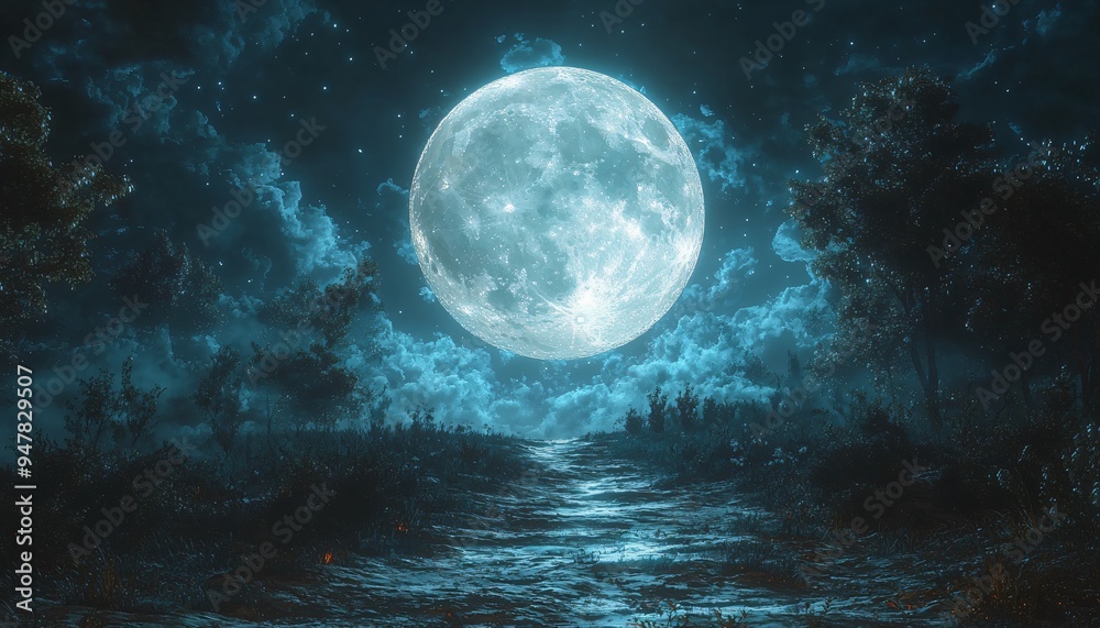 Fototapeta premium A mystical dark fairy tale forest path illuminated by a glowing full moon, perfect for Halloween-themed designs or spooky storytelling, with copy space.