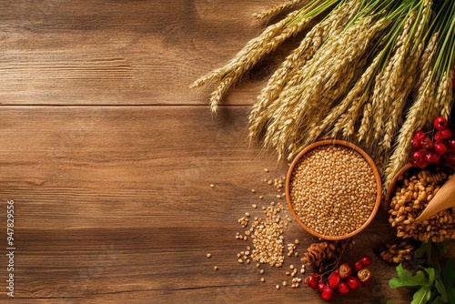 A stunning arrangement of grains, seeds, and vibrant foliage, showcasing nature's bounty. Perfect for representing agriculture, nutrition, and the essence of natural foods. photo