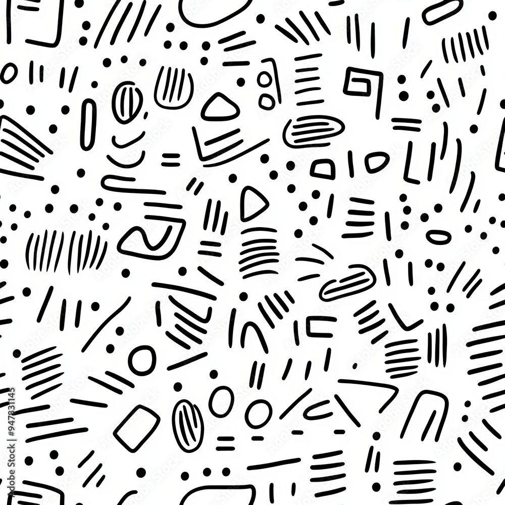 Seamless pattern of understated line drawings of basic shapes