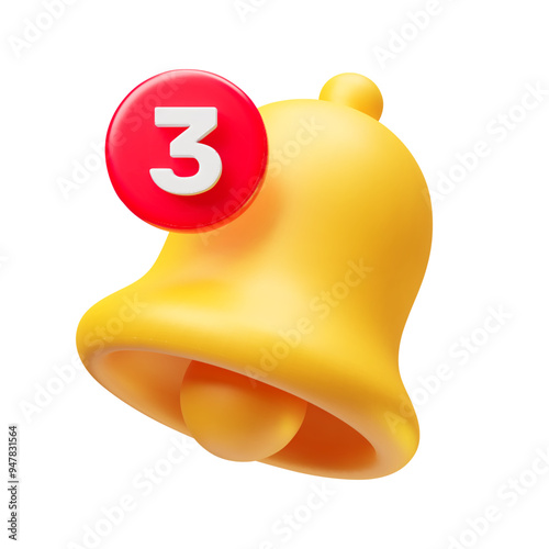 Vector illustration of yellow hand bell. Alert and alarm icon. Subscribe to channel. Realistic ringing bell. Bell for social media reminder in 3d style. Cartoon chime isolated on white background