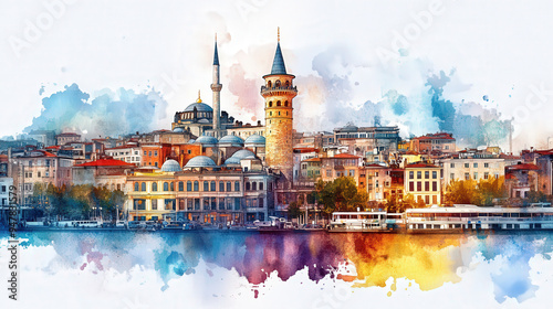 Galata Tower, Istanbul, soft watercolor shades smooth borders. 
