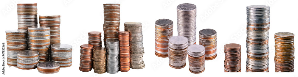 Stacks of coins in various sizes and arrangements isolated on transparent background Stacks of coins in various sizes and arrangements isolated on transparent background