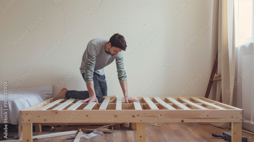 A man assembles a wooden bed frame in a minimalist bedroom, focusing on DIY, craftsmanship, and home improvement. A man assembles a wooden bed frame in a minimalist bedroom, focusing on DIY, craftsmanship, and home improvement.