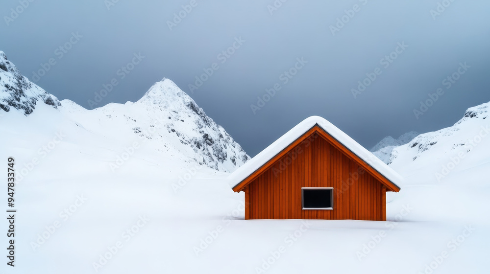 Fototapeta premium Rustic wooden hut nestled amidst snow-capped mountains, offering a cozy escape from the winter chill