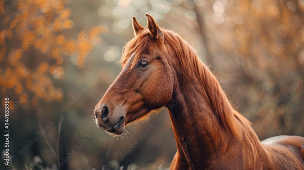 Fototapeta premium Closeup brown horse stands in a meadow farm