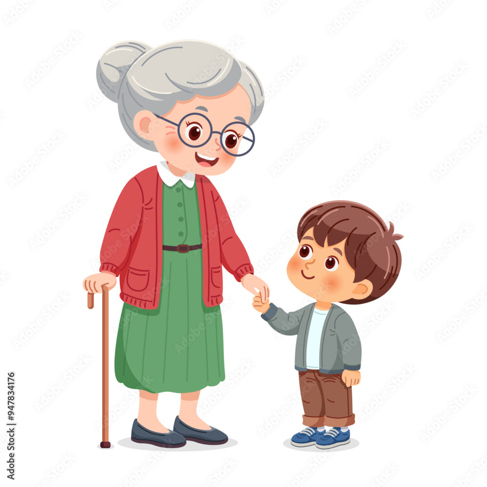 Grandmother holding a cane looks on happily as she holds the hand of a little boy who is helping her Grandmother holding a cane looks on happily as she holds the hand of a little boy who is helping her