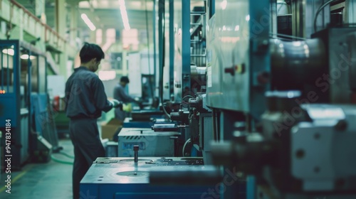 A detailed view of an industrial workshop, showcasing complex machinery and diligent workers contributing to the manufacturing process.