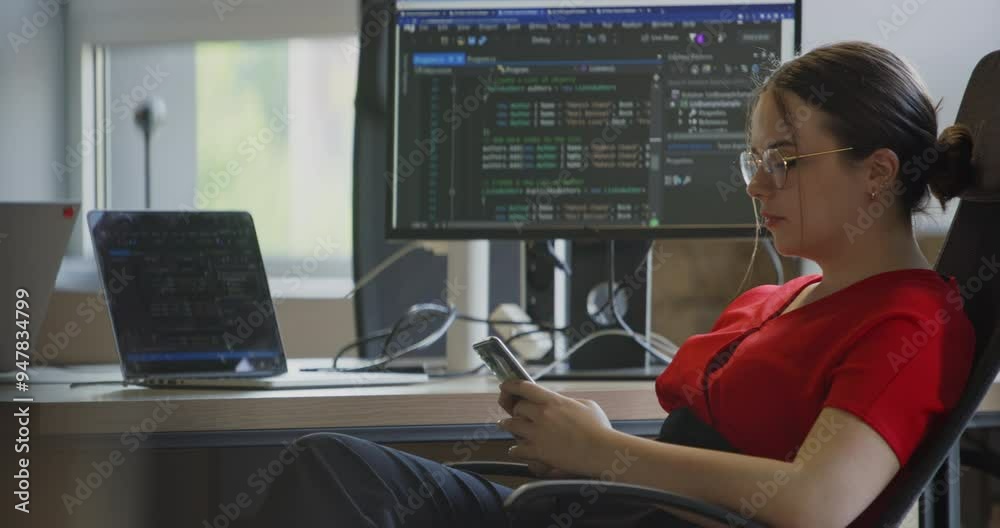 A modern businesswoman takes a break in a contemporary office, using her smartphone to stay connected during her workday. A modern businesswoman takes a break in a contemporary office, using her smartphone to stay connected during her workday.