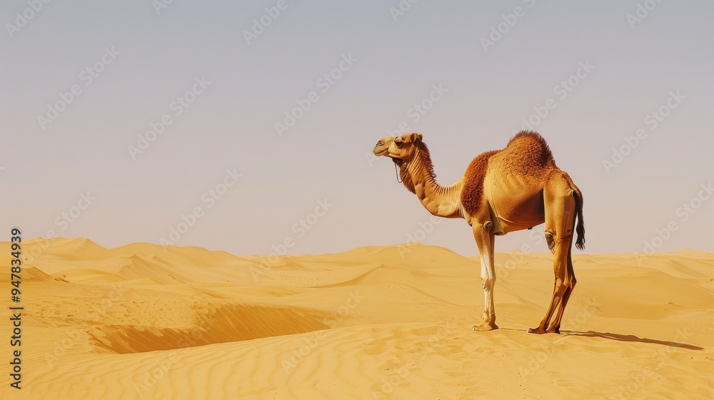 A camel stands gracefully on a vast desert landscape under the golden sun, embodying the essence of desert life. A camel stands gracefully on a vast desert landscape under the golden sun, embodying the essence of desert life.