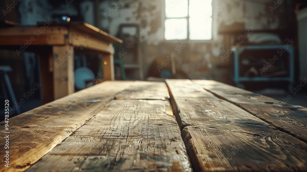 A rustic wooden table with a window with shadow in the background A rustic wooden table with a window with shadow in the background