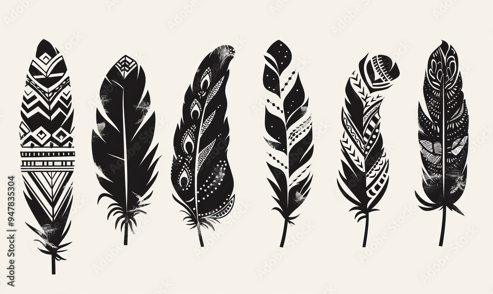 Boho style, set of ornamental feathers for your designs Boho style, set of ornamental feathers for your designs
