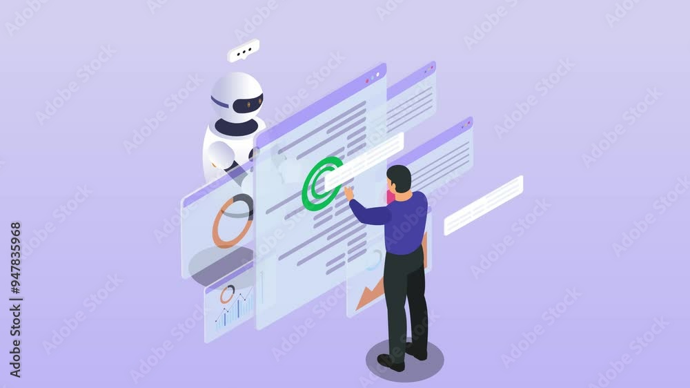 Robot and human engineer working together with digital display 3d animation cartoon