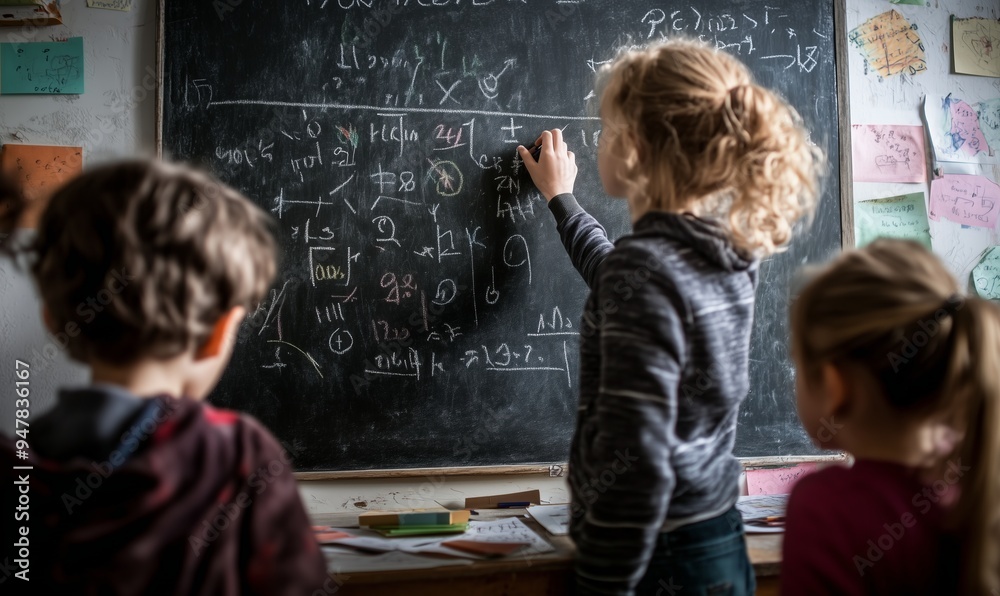 Un'insegnante guida i suoi alunni durante una lezione di matematica, spiegando concetti complessi su una lavagna. L'immagine cattura l'impegno e la concentrazione dei bambini mentre partecipano attiva Un'insegnante guida i suoi alunni durante una lezione di matematica, spiegando concetti complessi su una lavagna. L'immagine cattura l'impegno e la concentrazione dei bambini mentre partecipano attiva