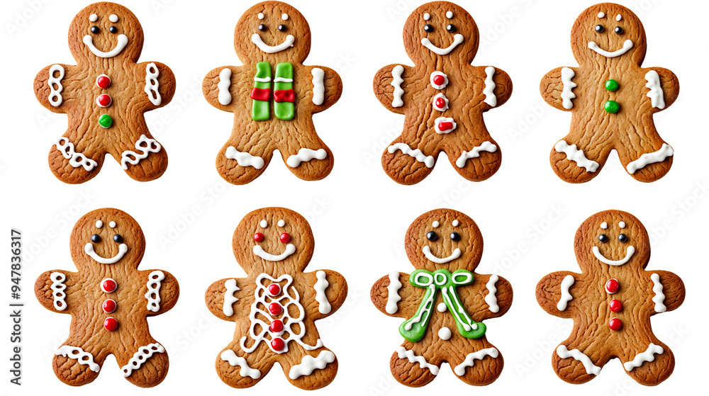 Collection of Eight Festive Gingerbread Cookies Decorated with Icing on Transparent Background