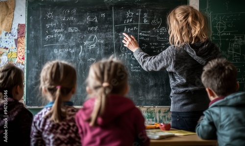 Un'insegnante guida i suoi alunni durante una lezione di matematica, spiegando concetti complessi su una lavagna. L'immagine cattura l'impegno e la concentrazione dei bambini mentre partecipano attiva photo