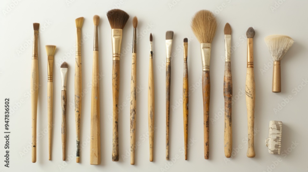 An array of used paintbrushes of varying shapes and sizes lies neatly arranged on a white surface, reflecting a history of creative endeavors. An array of used paintbrushes of varying shapes and sizes lies neatly arranged on a white surface, reflecting a history of creative endeavors.