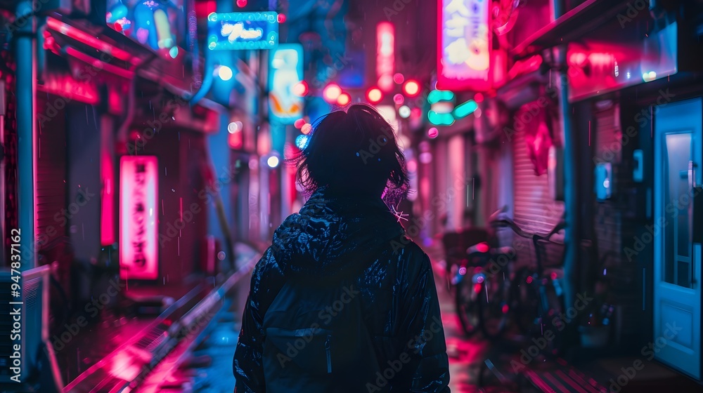 Person in a neon-lit alley, bokeh lights and rave feel, beautiful mind visuals Person in a neon-lit alley, bokeh lights and rave feel, beautiful mind visuals