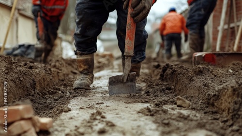 Construction Workers Digging a Trench