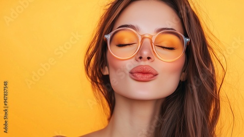 Close up photo portrait of winsome pretty cute lovely sweet glad nice lady sending kiss to you wearing  transparent glasses closed eyes isolated pastel background