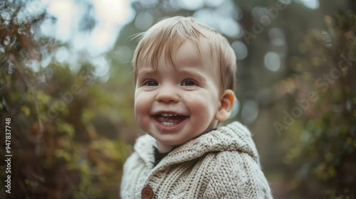 A laughing toddler in a knitted sweater captured in a natural outdoor setting, radiating pure joy and innocence.