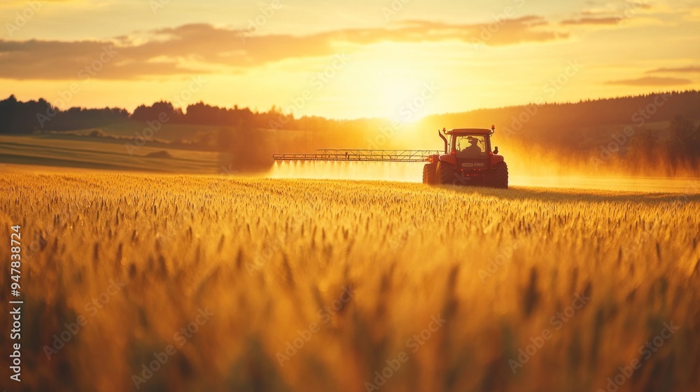 Fototapeta premium Tractor Spraying Crops at Sunset