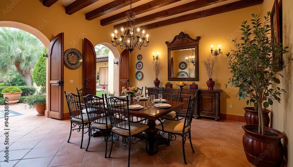 Naklejka premium Mediterranean Dining Room with Archways and Terracotta Tiles