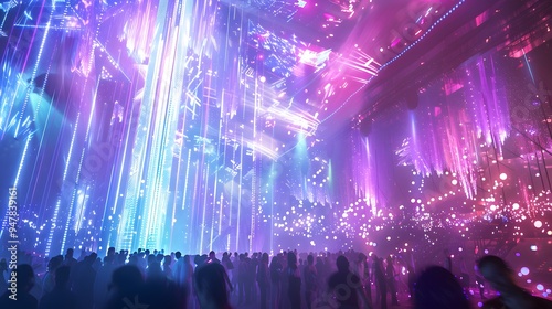 Crowd at a futuristic festival, bokeh lights and neon visuals, rave atmosphere photo