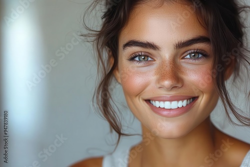 radiant womans confident smile showcasing perfect dental implants closeup portrait with soft flattering lighting emphasizing naturallooking teeth and happiness photo