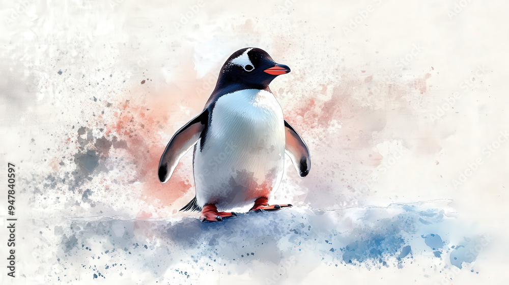 Obraz premium Gentoo penguin, black and white, standing on snow, Antarctica