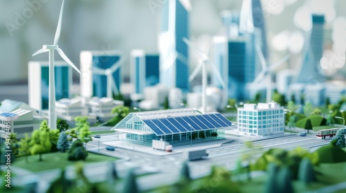 A miniature diorama showcasing a sustainable city with wind turbines, solar panels, and modern buildings in a lush, green environment.