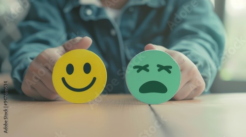 Two hands hold vibrant emoticons, one happy and one sad, illustrating a playful yet poignant contrast between joy and sorrow.