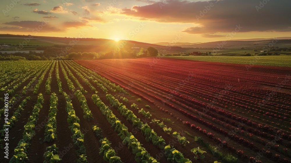 Golden Hour Glory Vibrant Organic Beet Field Captured from Above by Drone at Sunset Golden Hour Glory Vibrant Organic Beet Field Captured from Above by Drone at Sunset
