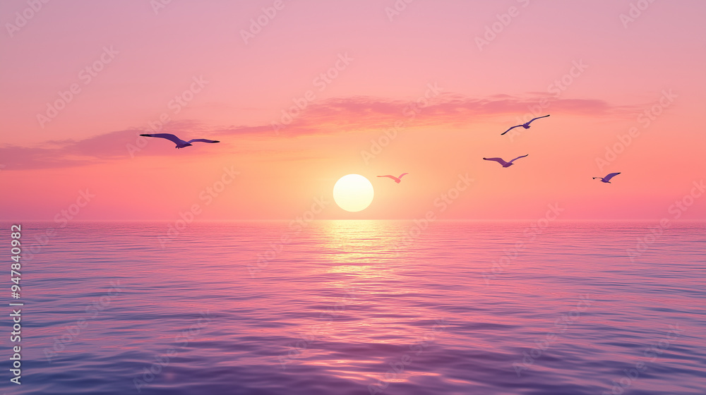 A tranquil sunset over a calm ocean The sky is adorned with soft pink, orange, and lavender hues A tranquil sunset over a calm ocean The sky is adorned with soft pink, orange, and lavender hues
