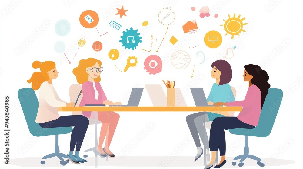 Team of businesswomen brainstorming at a conference table, collaborating to solve a complex business challenge. Team of businesswomen brainstorming at a conference table, collaborating to solve a complex business challenge.