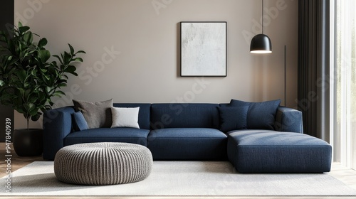 Stylish Scandinavian home interior  showing a dark blue corner sofa with two knitted poufs  set in a modern living room with soft  neutral tones.