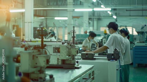 A bustling industrial factory floor with workers operating machinery, capturing the essence of manufacturing and productivity.