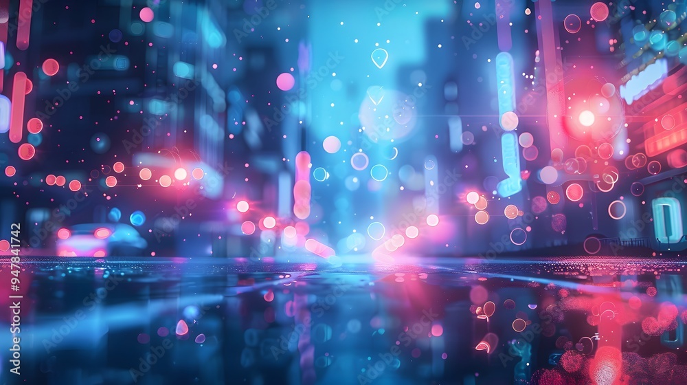 Fototapeta premium Futuristic city with neon signs and bokeh effect, beautiful mind visuals