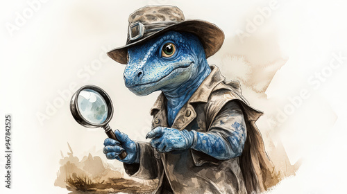 Fototapeta Naklejka Na Ścianę i Meble -  Charming blue dinosaur dressed as a detective, holding a magnifying glass, watercolor style, no color splash 