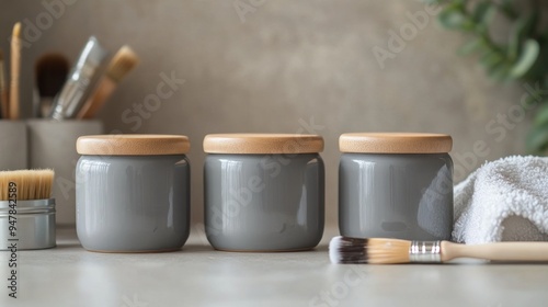 Three Grey Ceramic Jars with Wooden Lids on a Countertop