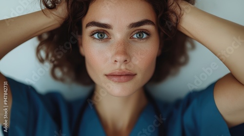 A close-up portrait of a woman with striking blue eyes, freckles, and curly hair, wearing a blue medical uniform, with her hands placed behind her head. photo