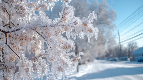 Ice storm covering trees and power lines with a layer of ice, freezing weather, dangerous beauty