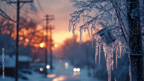 Ice storm covering trees and power lines with a layer of ice, freezing weather, dangerous beauty