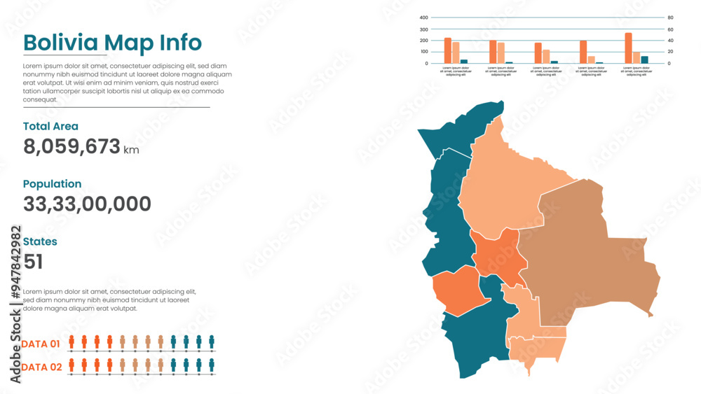 Obraz premium Bolivia political map of administrative divisions states, Colorful states in Bolivia map infographic, Bolivia Map Info, Bolivia Population.