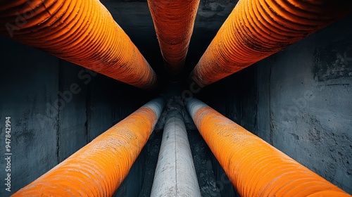 Image of multiple underground pipes insulated with bright orange coating, showcasing the infrastructure of a utility system arranged in a neat parallel manner. photo